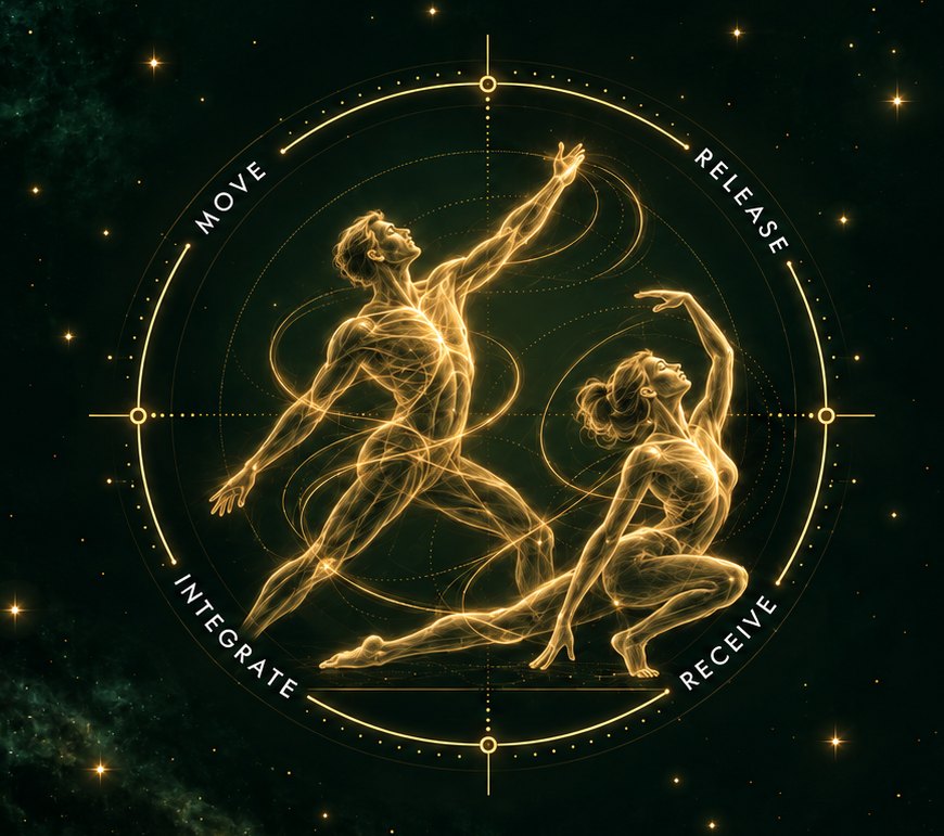 Let Go & Receive: two people in a Fascial Maneuvers movement inside a circle of Move, Release, Receive, Integrate
